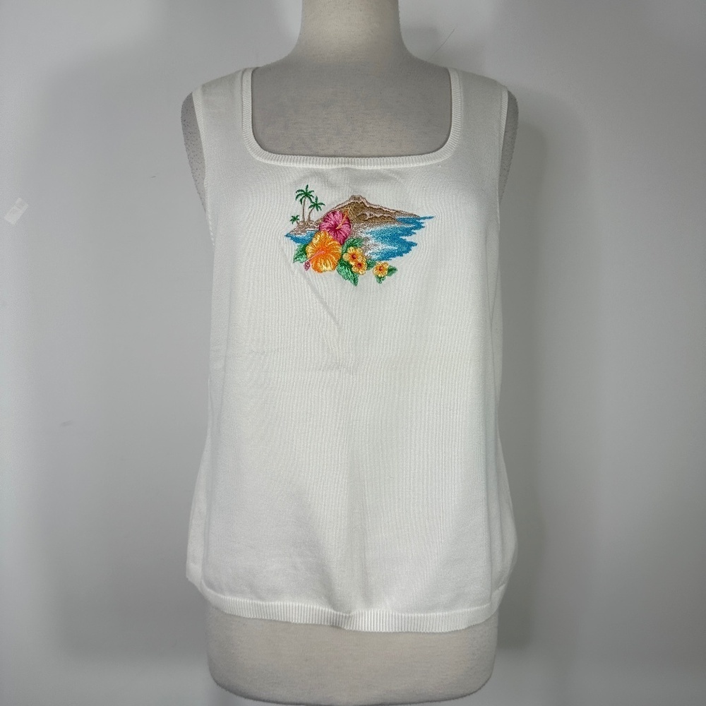 Vintage Lauren Ralph Lauren Flower Embroidered Whit Tank Top Size XL